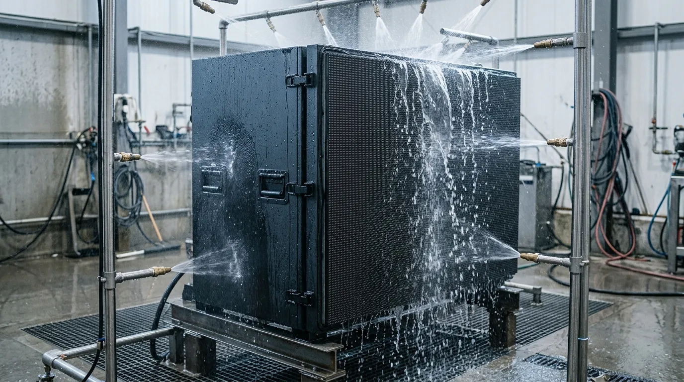 Low-pressure water jets spraying an outdoor LED display cabinet from several directions with water running off the sealed front face.