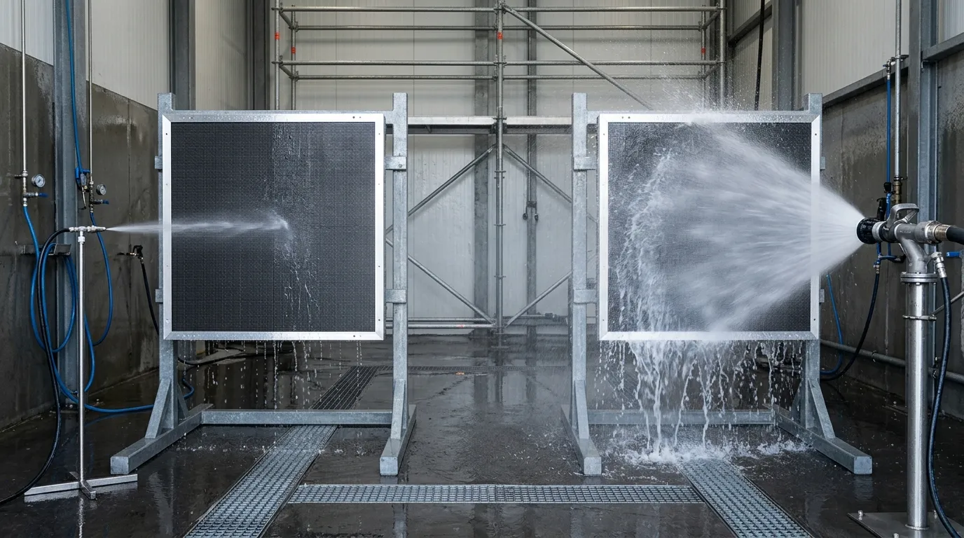 Two identical outdoor LED display cabinets side by side receiving water sprays of different widths and intensities from two nozzles.