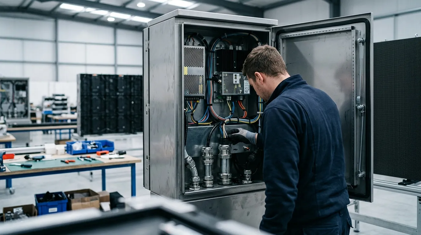 Technician inspecting the opened rear of an outdoor LED display cabinet, showing power modules, connectors and sealed cable-entry glands.