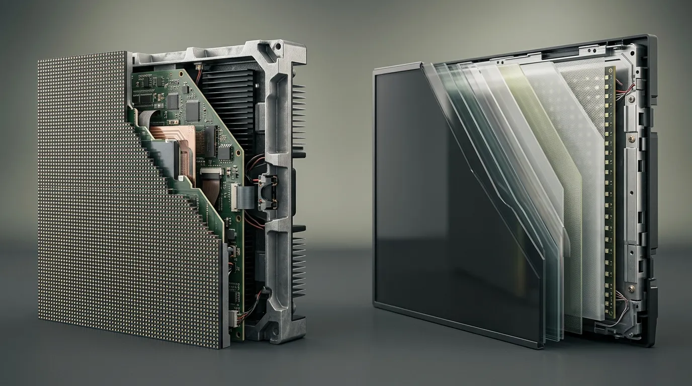 Cutaway view of a direct-view LED tile beside an LCD video panel showing LED pixels, liquid-crystal layer, backlight and bezel