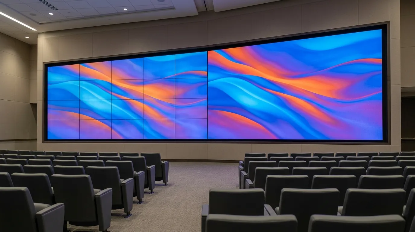Same abstract image shown on a tiled LCD wall with visible panel joins beside a seamless LED wall from audience seating distance