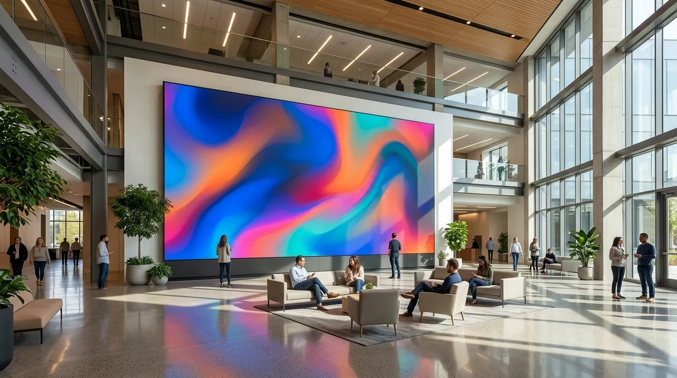 Bright daylit commercial room with a large seamless video wall and viewers seated at different distances from it