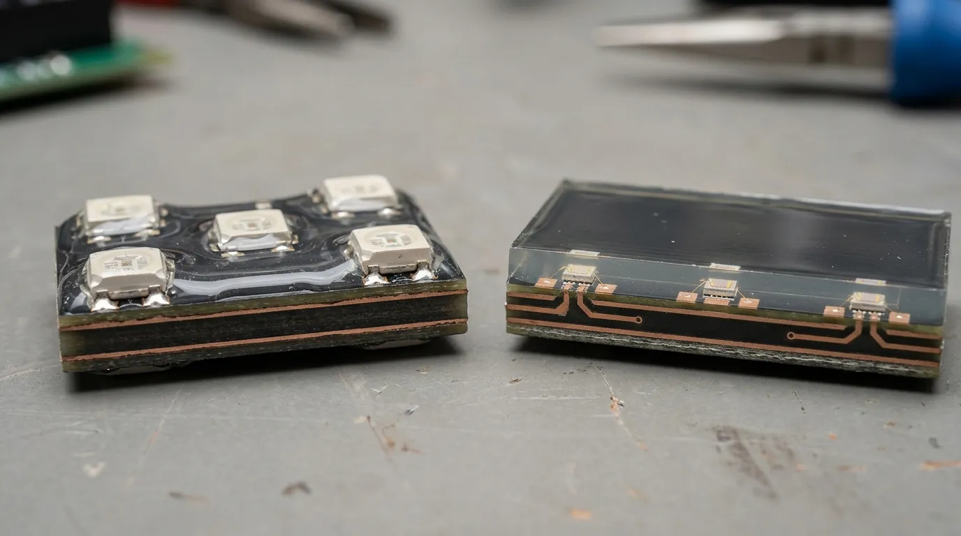 Two LED module cross-sections side by side on a workbench, one with a glue layer over surface-mounted LEDs and one with chips mounted directly on the board