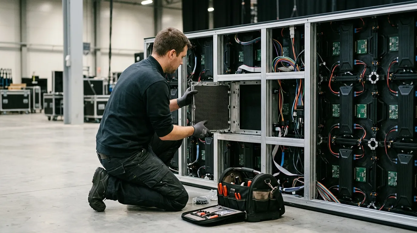 Technician holding a spare LED module beside an open display cabinet during a module replacement