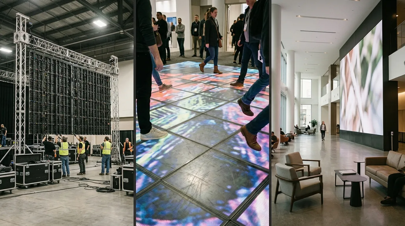 Three panels showing a rigged rental LED screen, an indoor LED floor with people walking on it, and a fixed indoor LED video wall