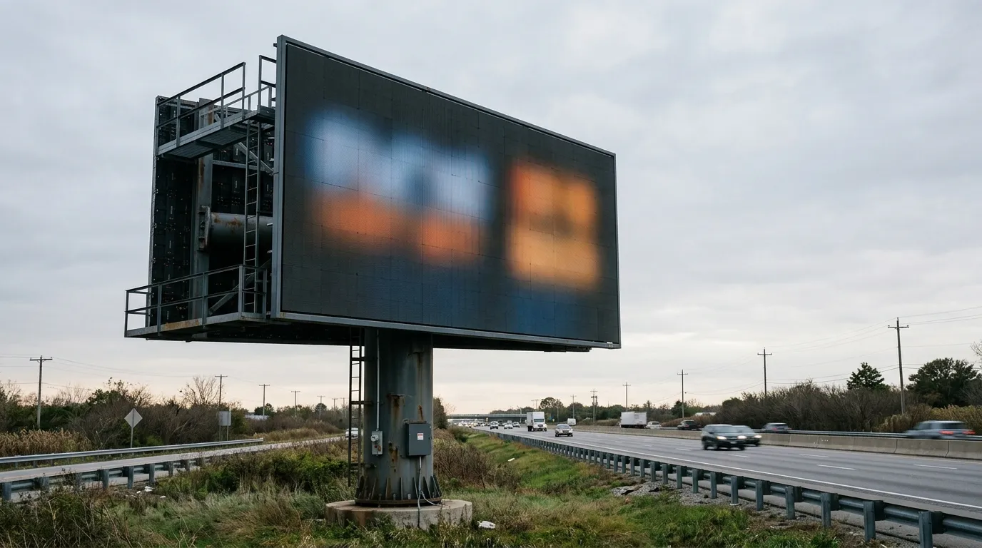 Roadside outdoor LED billboard on a steel support structure seen from a low three-quarter angle