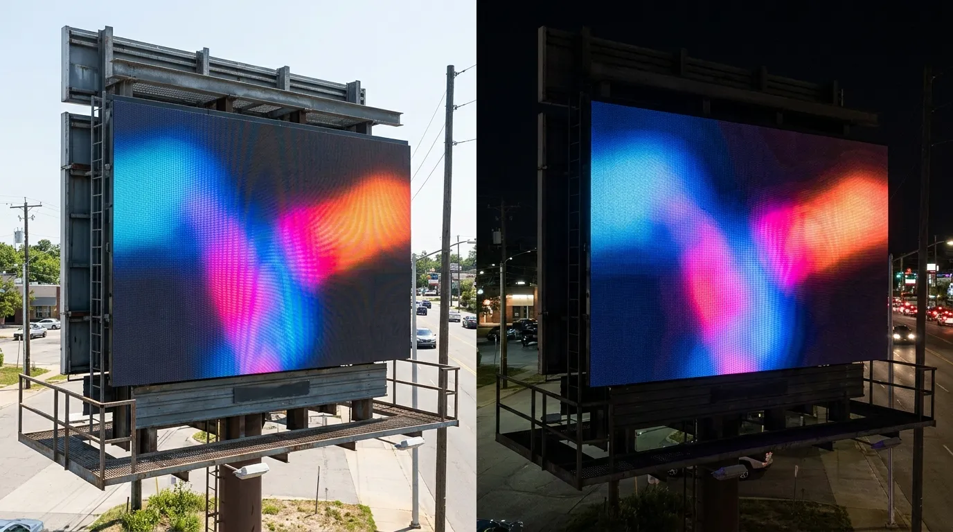 Side-by-side day and night views of one outdoor LED billboard showing brighter daytime and dimmed nighttime screen output