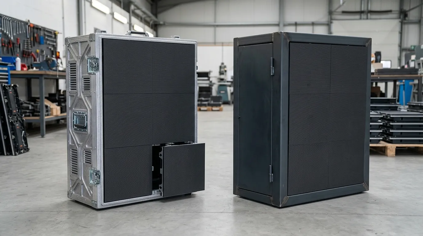 Two outdoor LED display cabinets side by side, an aluminum cabinet with front and rear access and an iron box cabinet with a rear service door
