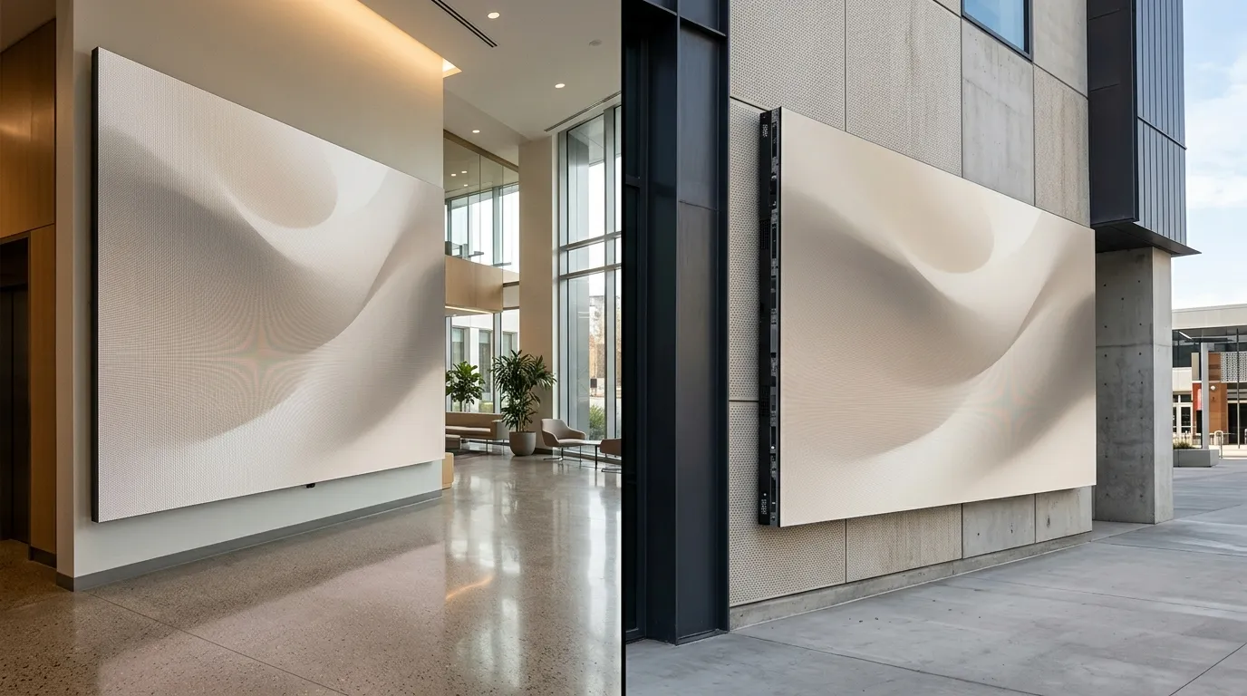 Indoor LED video wall in a lobby beside an outdoor LED screen on a building facade, shown side by side.