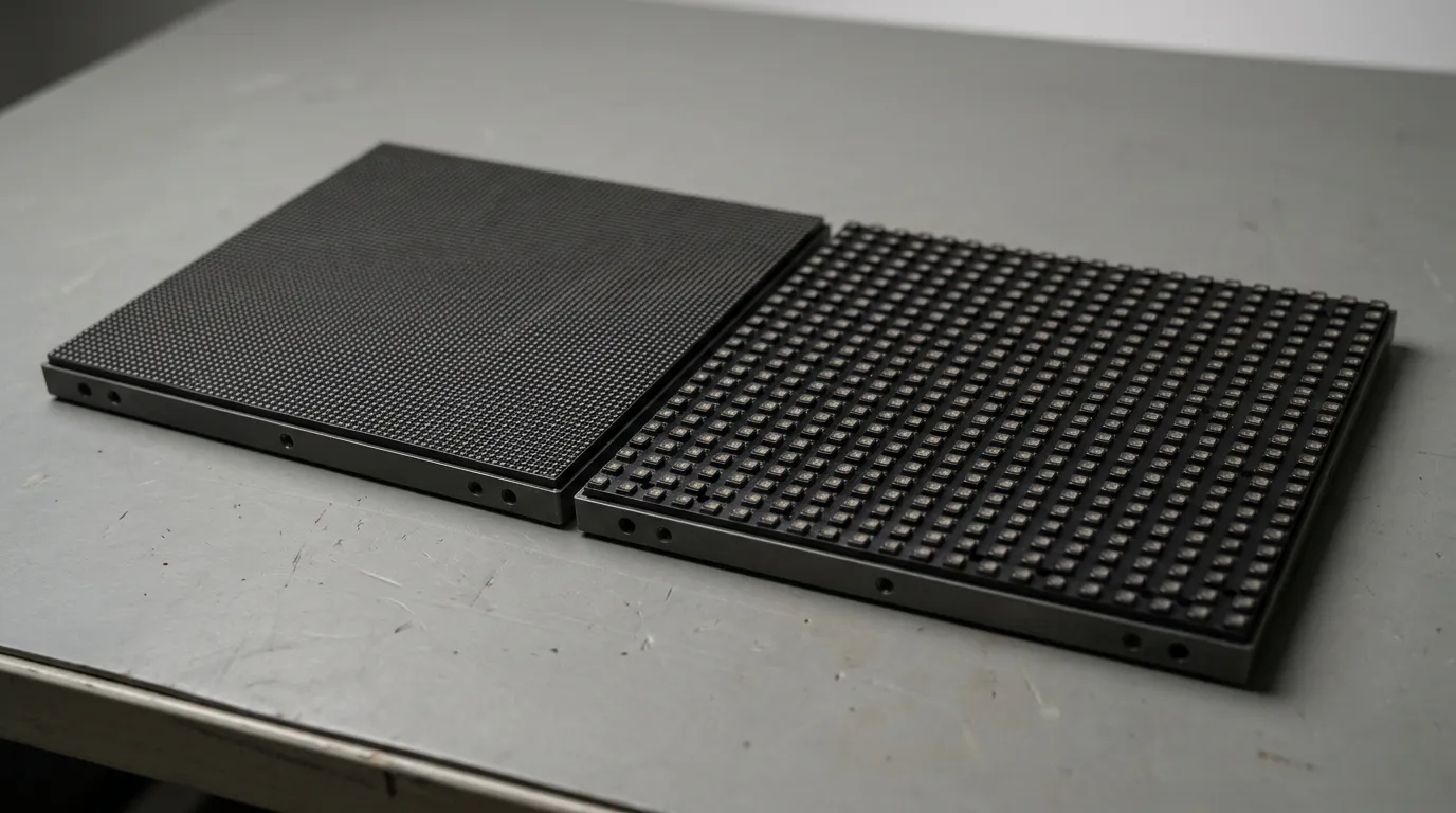 Two LED display modules side by side showing finer and coarser pixel spacing on a workbench.
