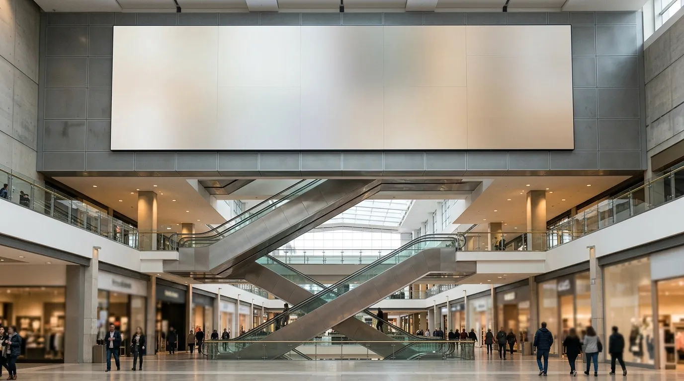 Large LED video wall mounted above escalators in a shopping mall atrium viewed from the concourse floor