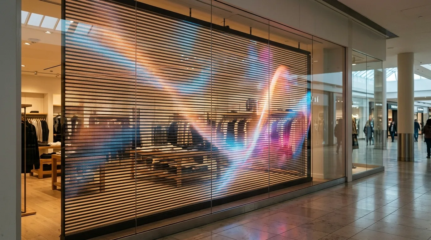 Transparent LED display bars mounted across a mall storefront window with the shop interior visible through the gaps