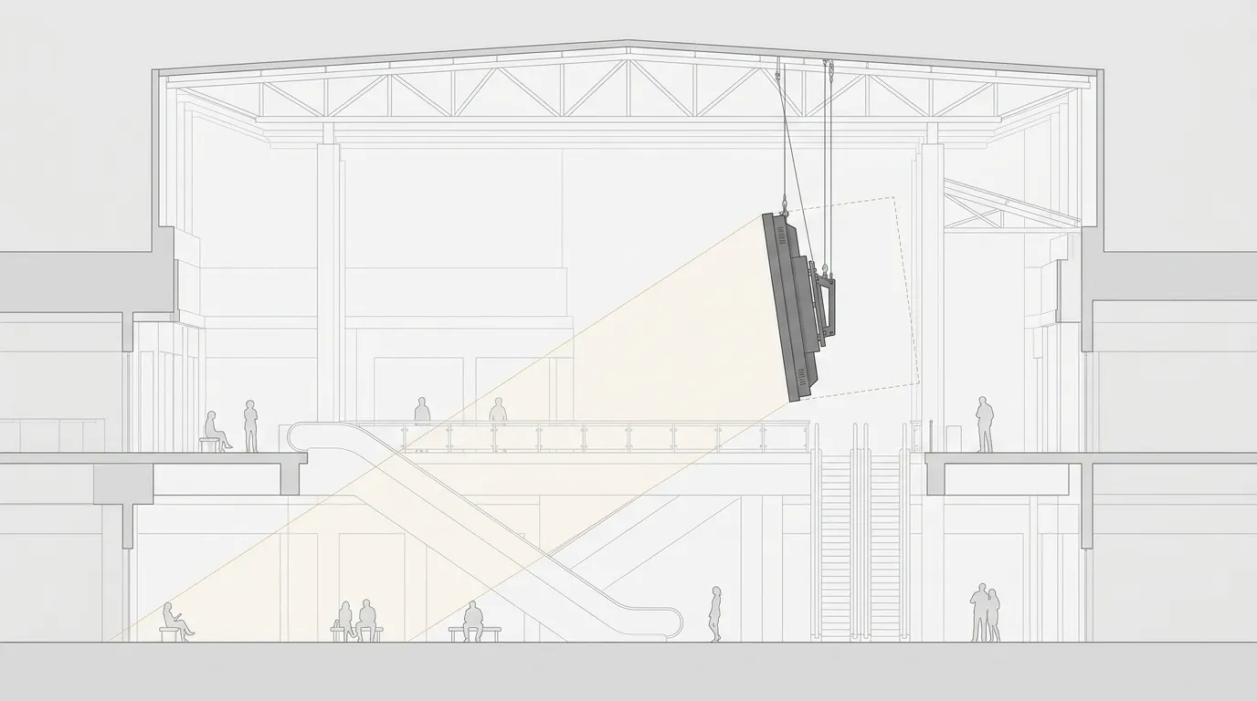 Side-view diagram of a suspended LED screen showing viewing angle lines to floor positions and clearance space behind it