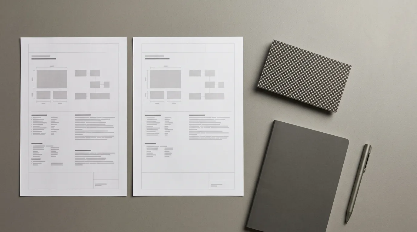 Two plain specification sheets and a small LED display module sample on a desk