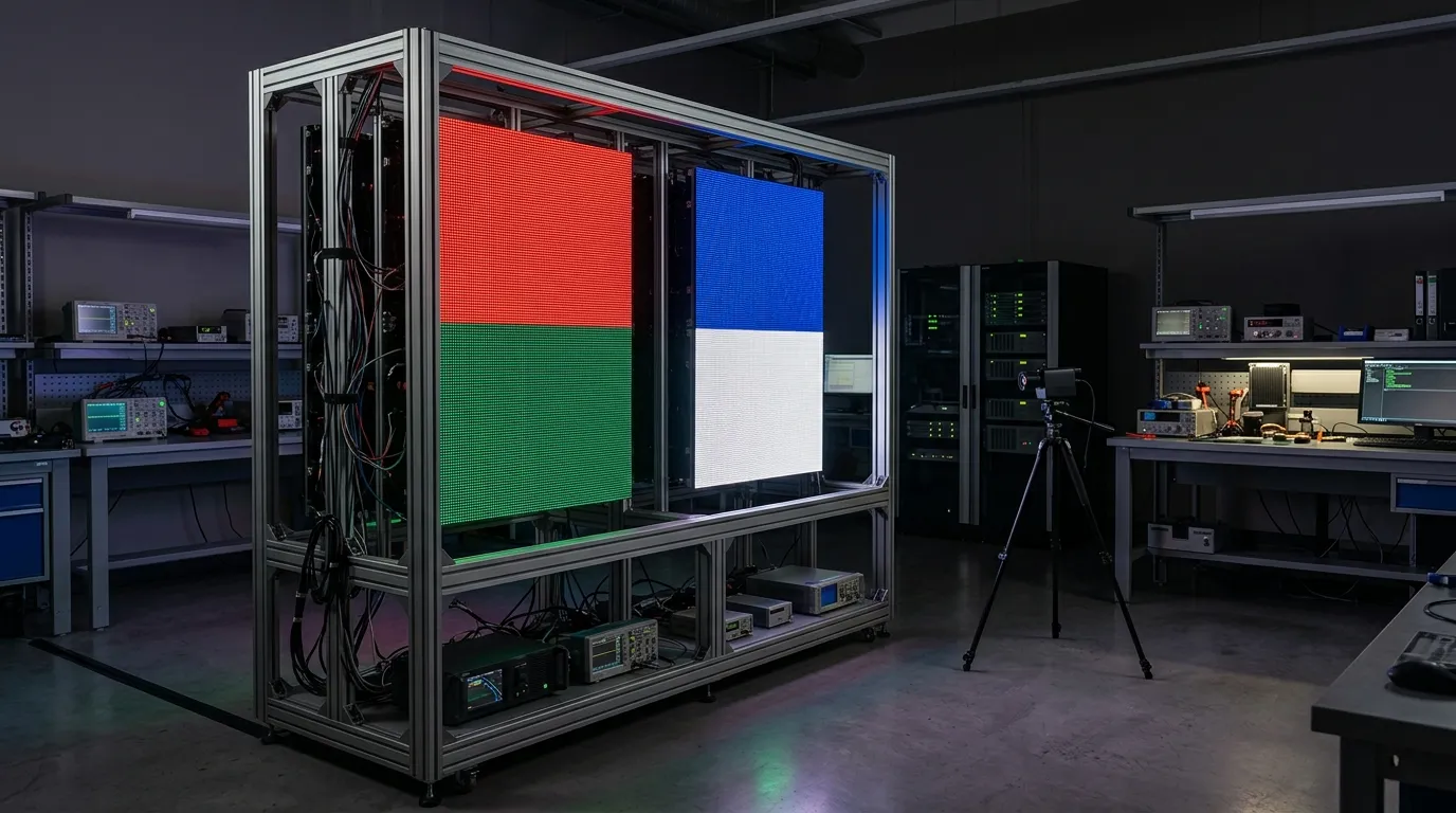 LED display panels on a test rack showing uniform colour fields in a testing room