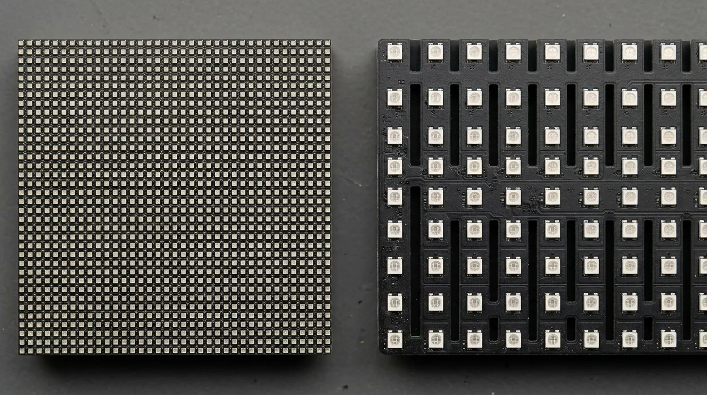 Close-up of two LED display panel sections with different pixel spacing side by side