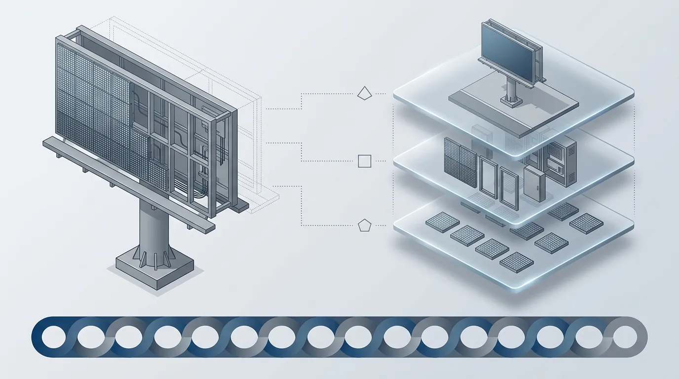 Cutaway illustration of an outdoor LED billboard module beside three stacked scope layers and a separate recurring-cost band