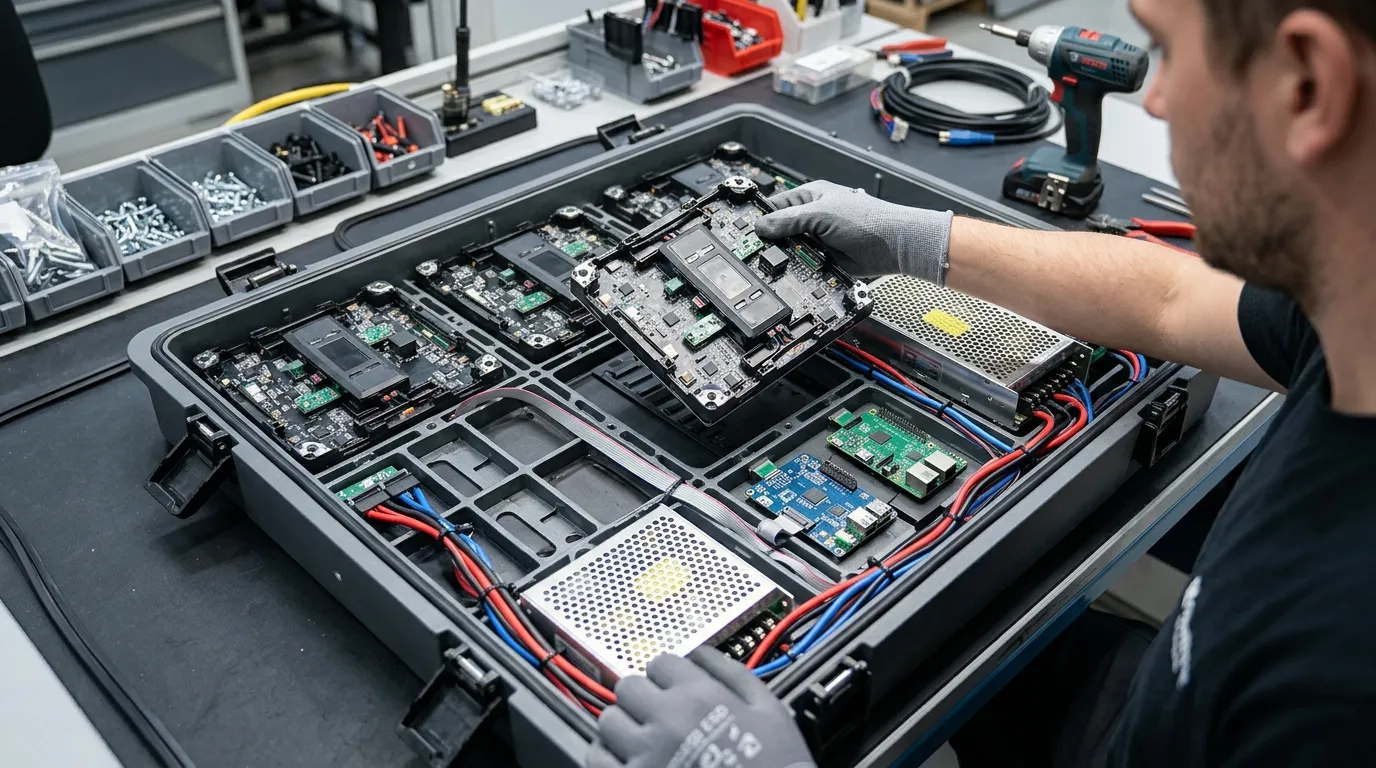 Aluminum LED cabinet frame with modules, power supplies, receiving cards and cabling laid out for assembly