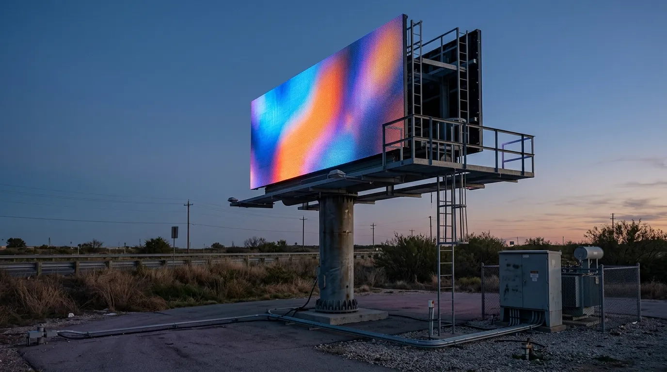 Roadside outdoor LED billboard on a steel pole structure with cabling toward a ground-level electrical cabinet