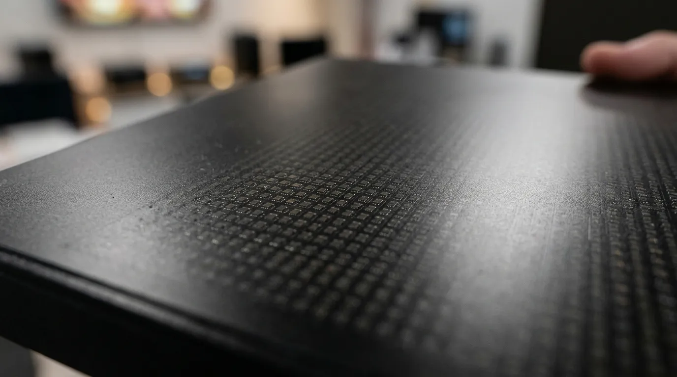 Close-up of a fine-pitch COB LED module showing encapsulated pixels mounted on the board