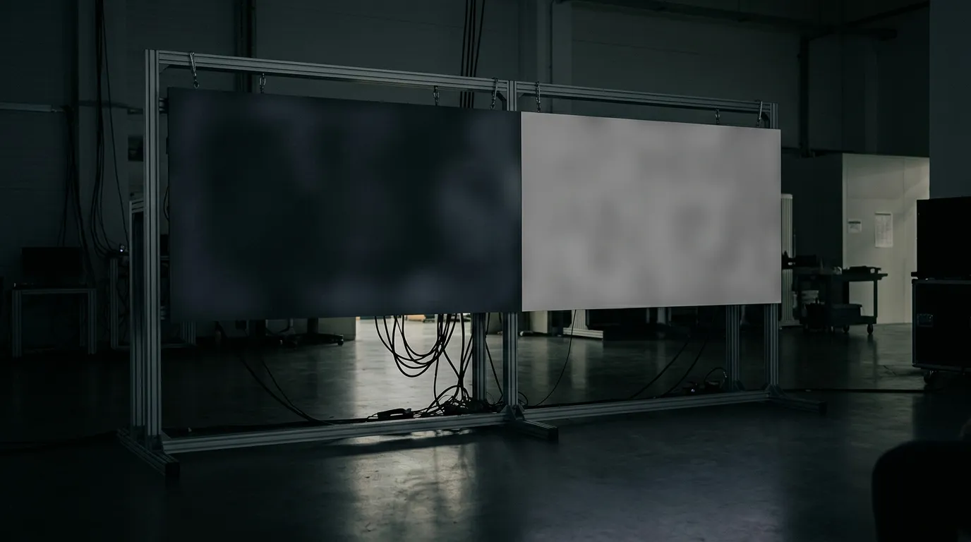 Two fine-pitch LED panels side by side in a dim room showing dark and neutral grey fields