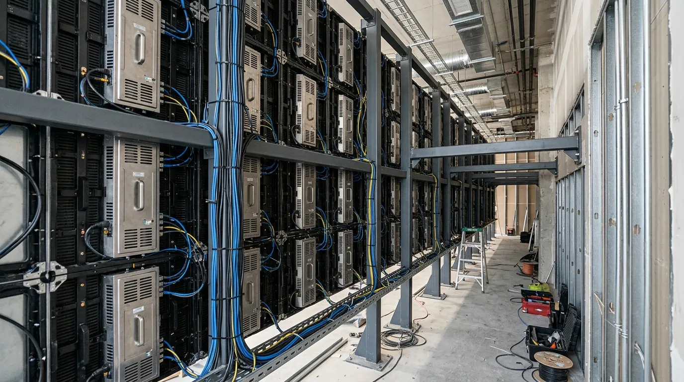 Rear view of wall-mounted LED cabinets on a steel frame showing depth and rear service clearance