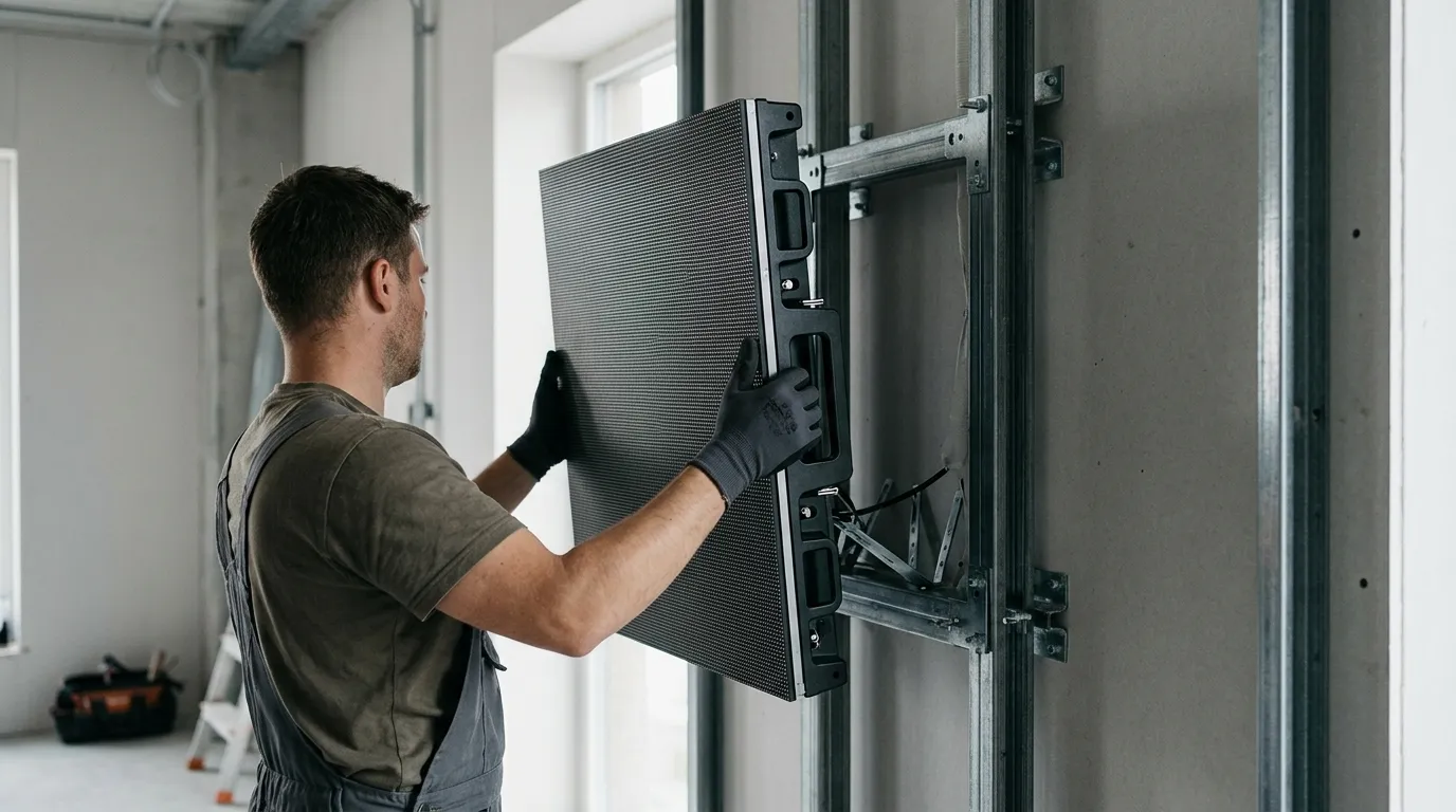Technician in work gloves fixing an LED display cabinet to a steel wall frame