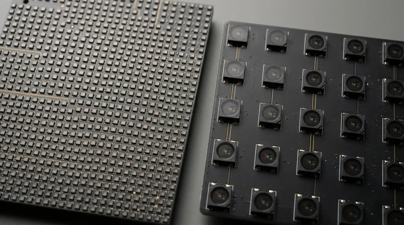 Two indoor LED display modules side by side showing different pixel spacing