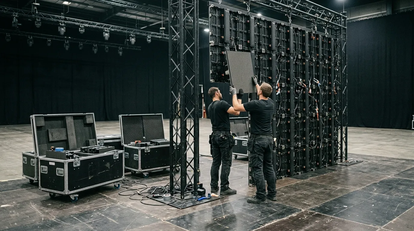 Crew assembling a rental LED screen on stage truss with spare cabinets in flight cases