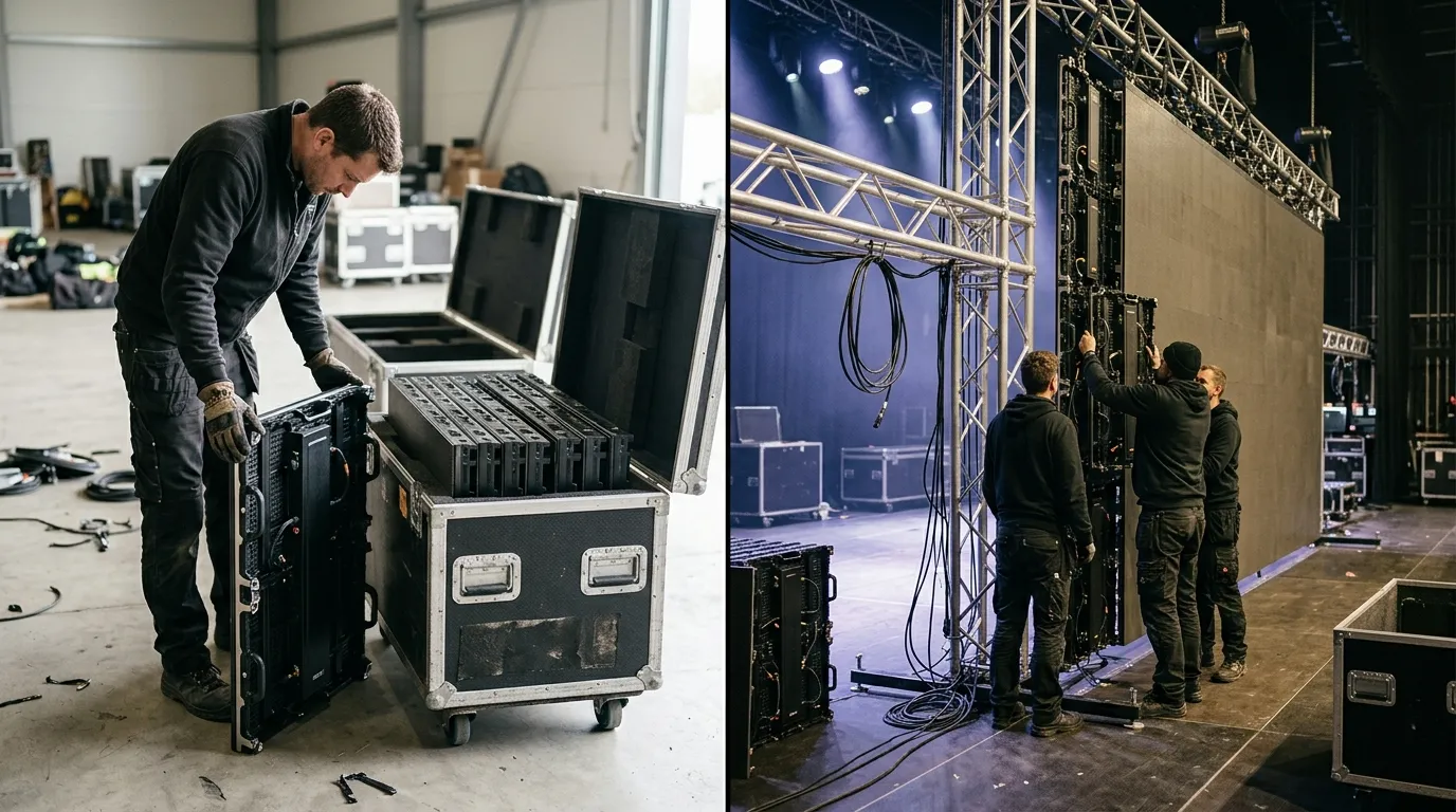 Side-by-side view of rental LED cabinets stored in flight cases and a crew assembling a stage LED screen