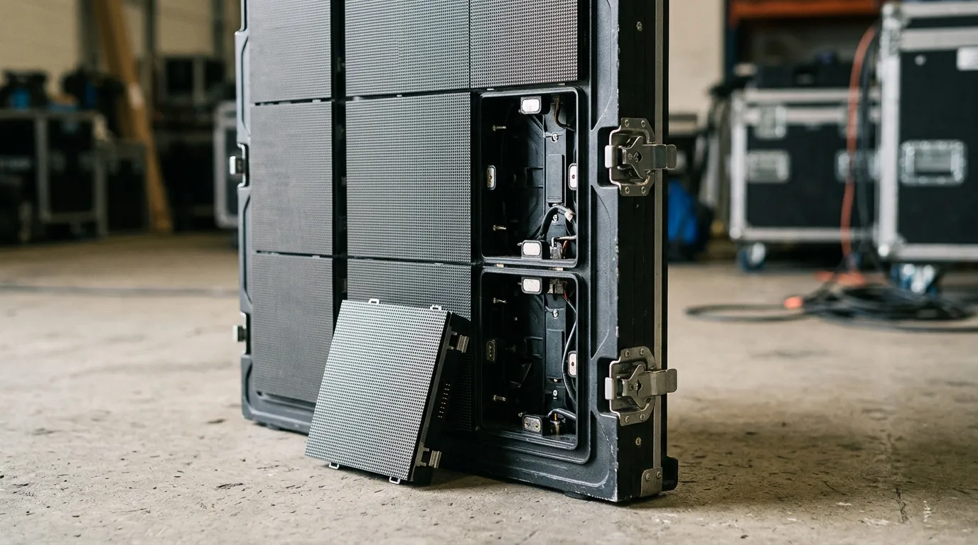 Rental LED cabinet with a detached module showing the frame and edge locking mechanism