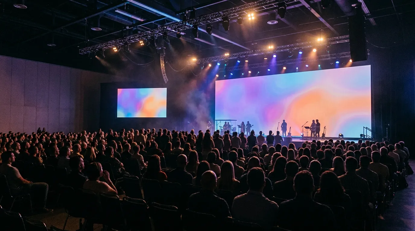 Indoor stage with a large rental LED screen viewed from the audience seating area