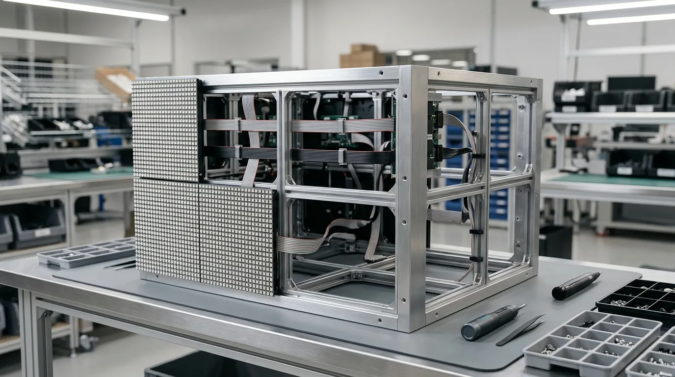 Partly assembled LED display cabinet with aluminium frame, LED module tiles and internal ribbon cables on an assembly bench