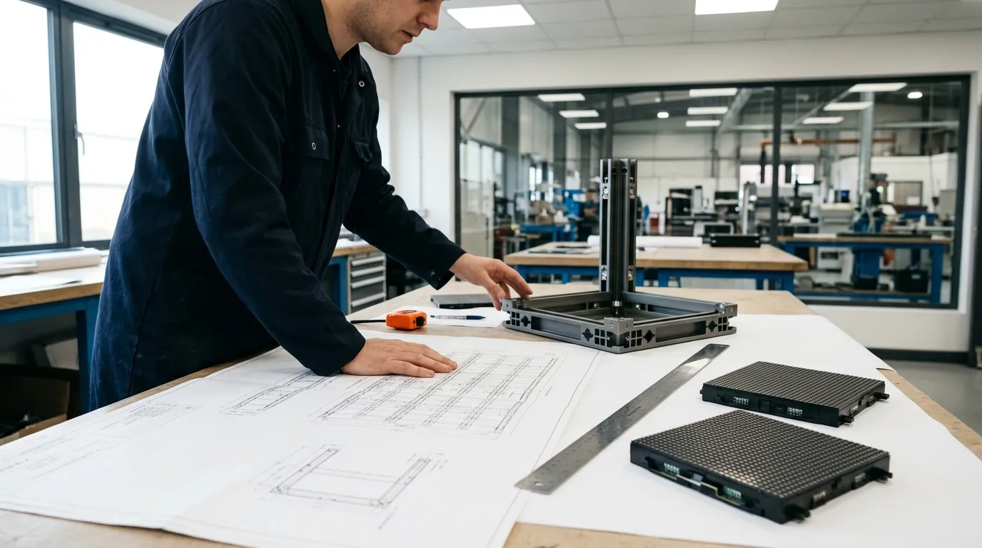 Engineer comparing printed LED screen structure drawings beside a cabinet corner sample, ruler and LED module tiles on a worktable