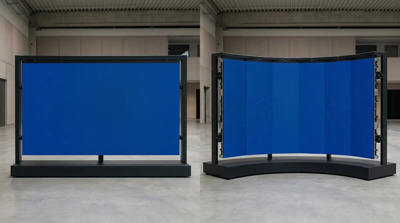 Flat rectangular LED screen beside a curved and circular LED screen on separate plinths in a showroom