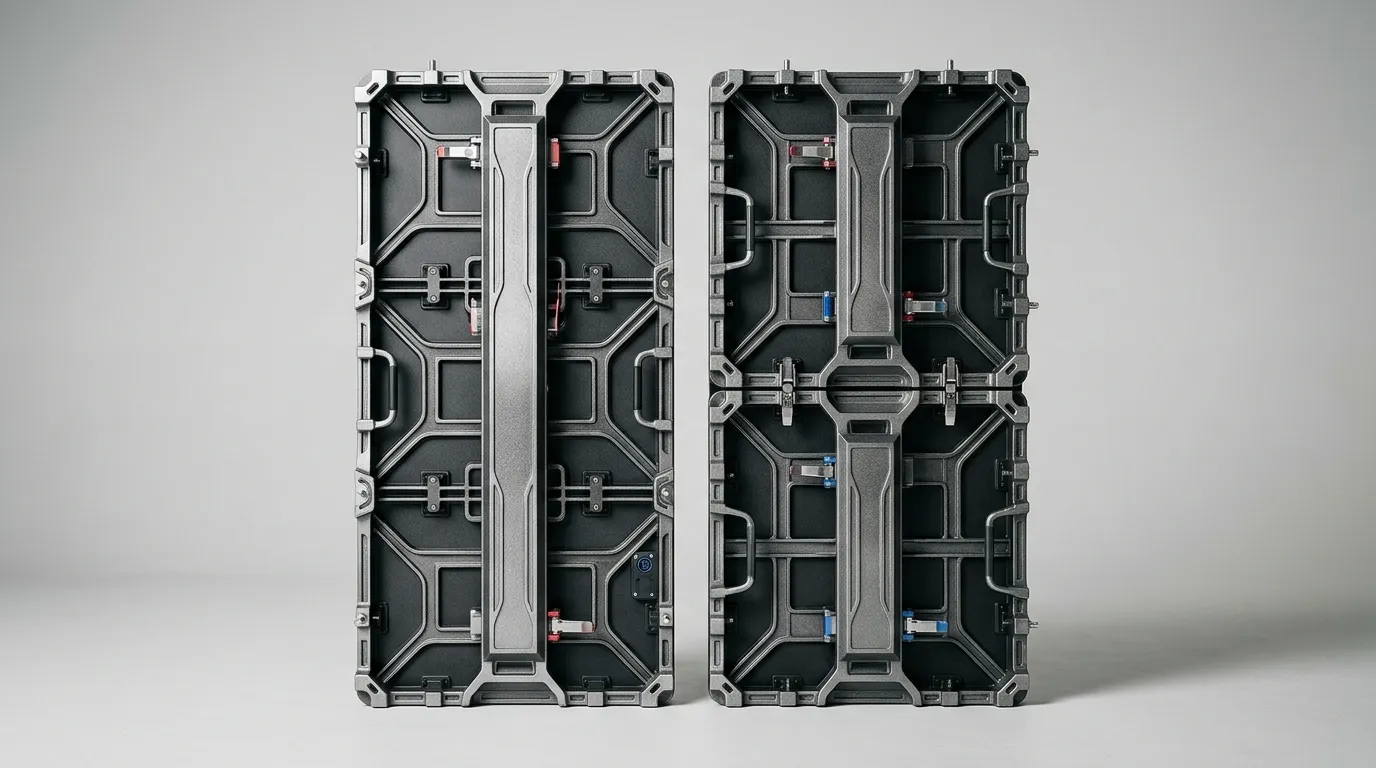 Two 500x500 mm rental LED cabinets stacked beside one 500x1000 mm cabinet, all shown from the rear with chassis frames and quick-lock levers