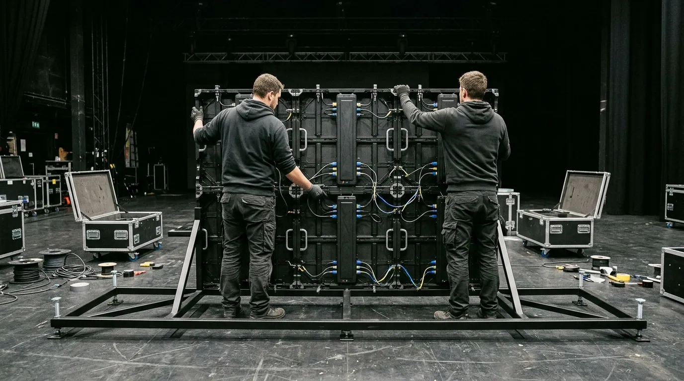 Two technicians locking rental LED cabinets onto a ground-support frame, viewed from behind with locking levers and alignment pins visible