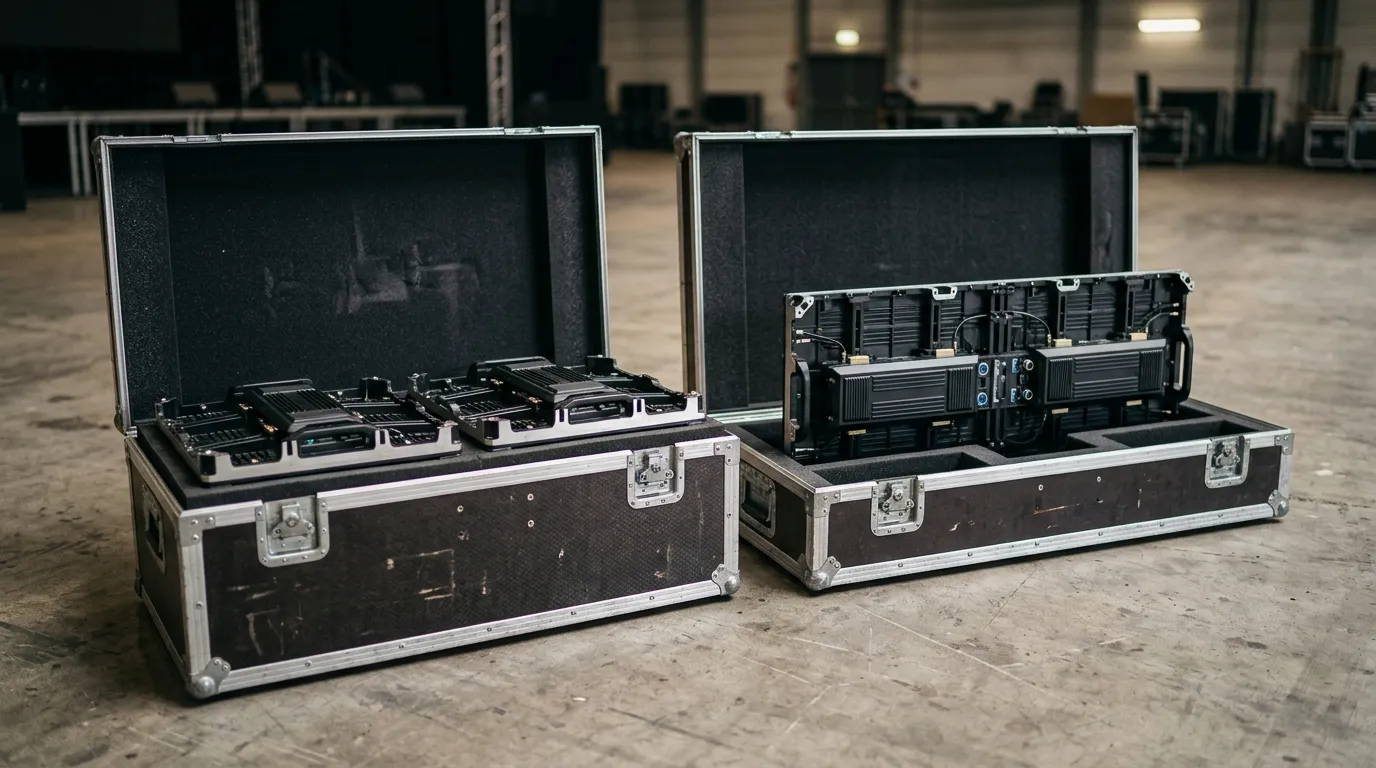 Two open flight cases on a floor, one holding two 500x500 mm LED cabinets and the other holding one 500x1000 mm LED cabinet in foam-lined interiors
