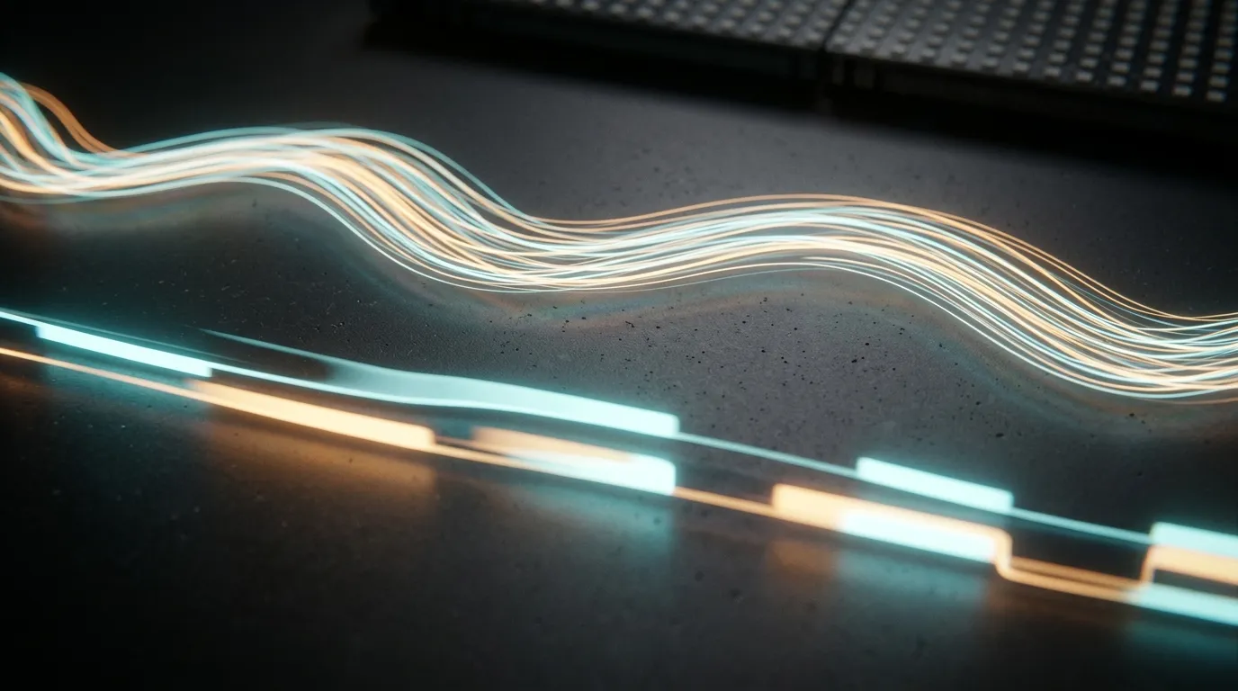 Two parallel tracks of glowing light pulses, one made of many narrow fast pulses and one of fewer broad slow pulses, on a dark surface.