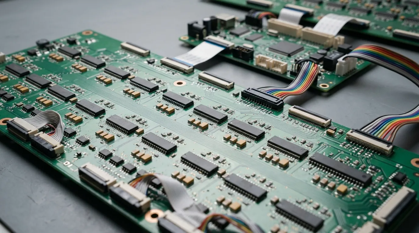 Close-up of an LED driver circuit board with rows of small driver chips, ribbon connectors and capacitors beside a separate controller board on a grey workbench.