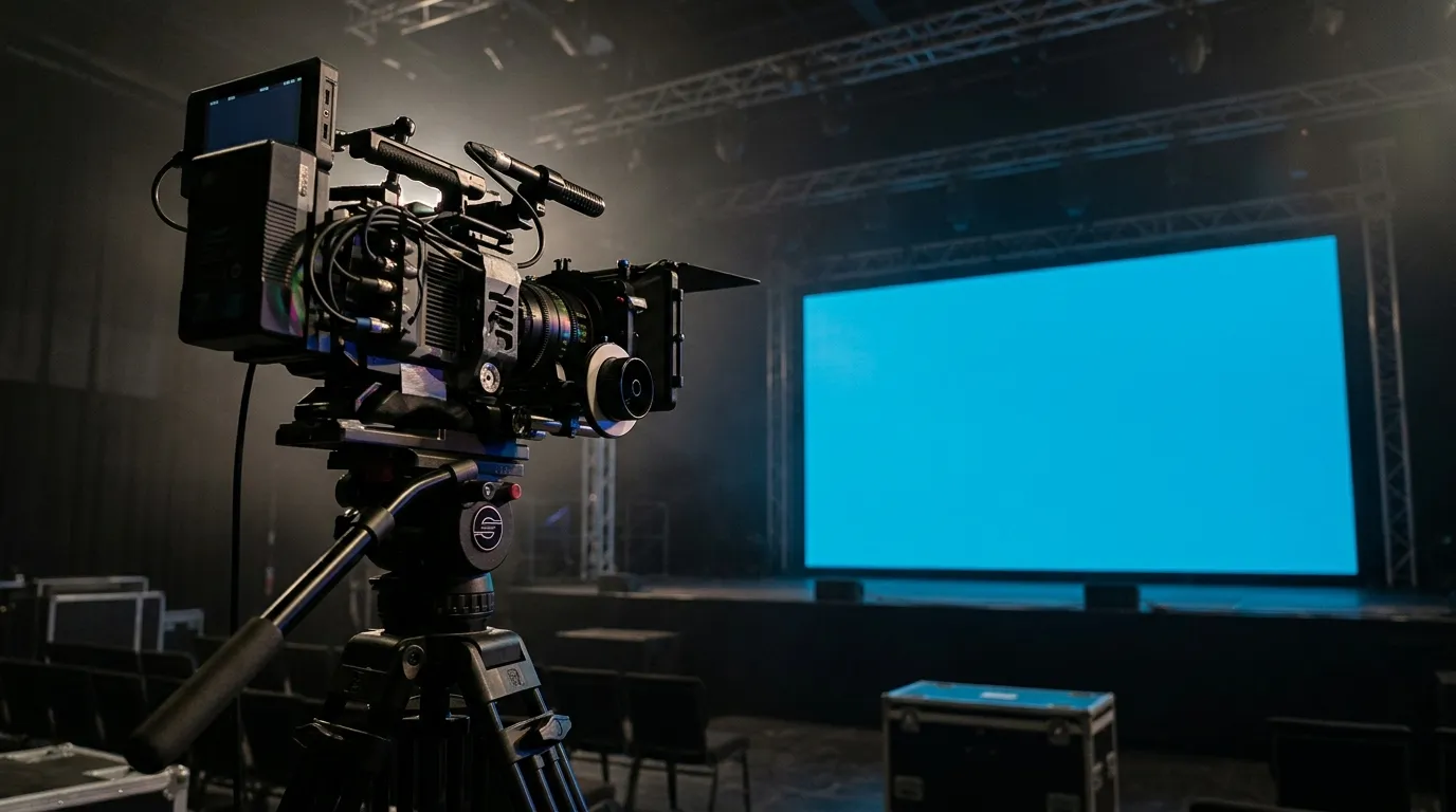 A camera on a tripod angled toward a large glowing LED screen on an event stage in a darkened venue.