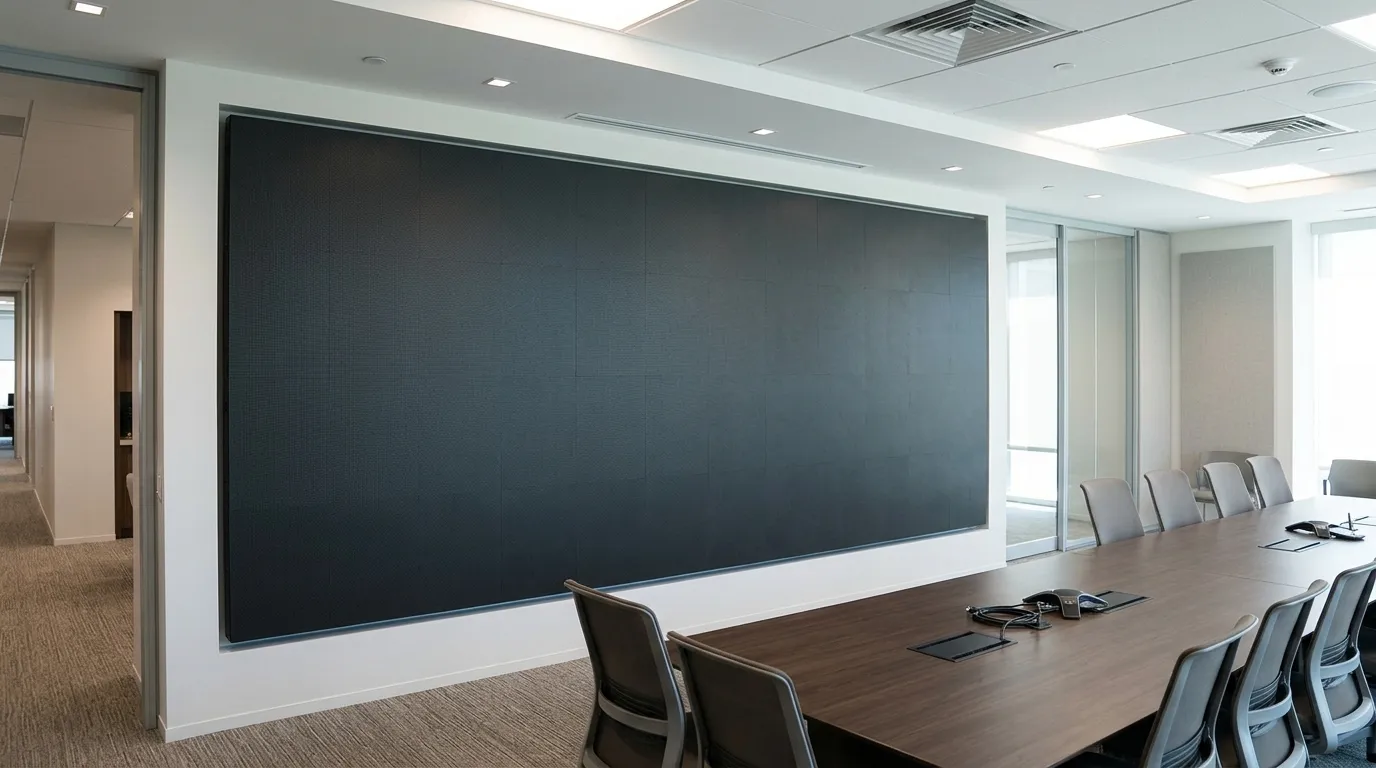 Modular indoor LED display built from rectangular cabinets mounted flush on a meeting room wall