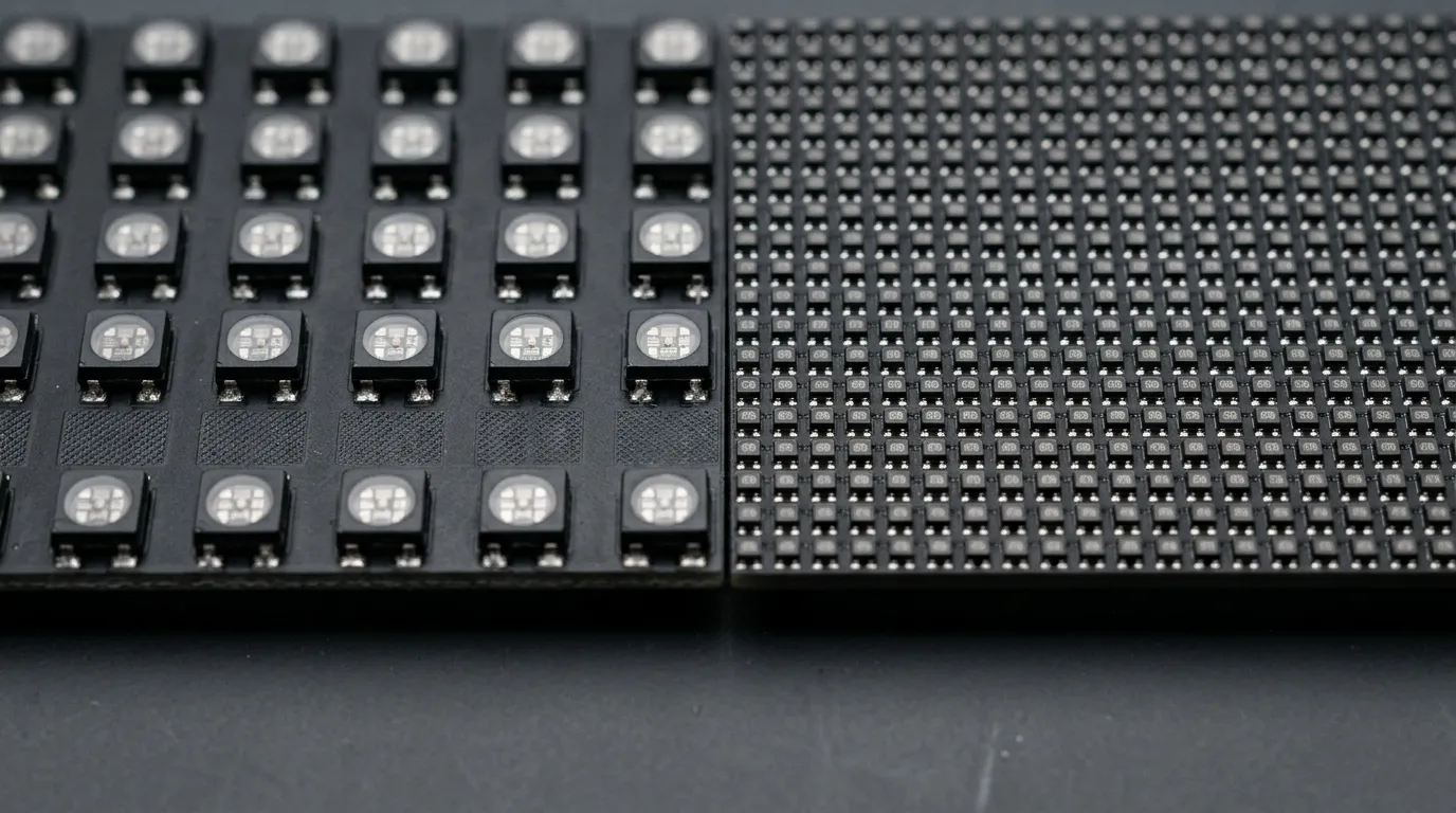 Two indoor LED display modules side by side showing a coarser pixel grid and a denser pixel grid