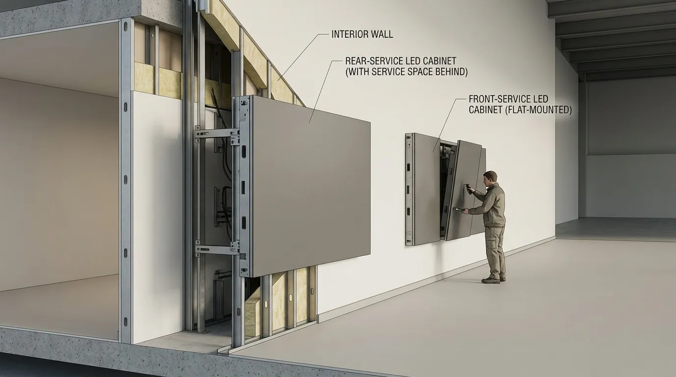 Cutaway side view of two wall-mounted indoor LED cabinets showing rear clearance and front module access