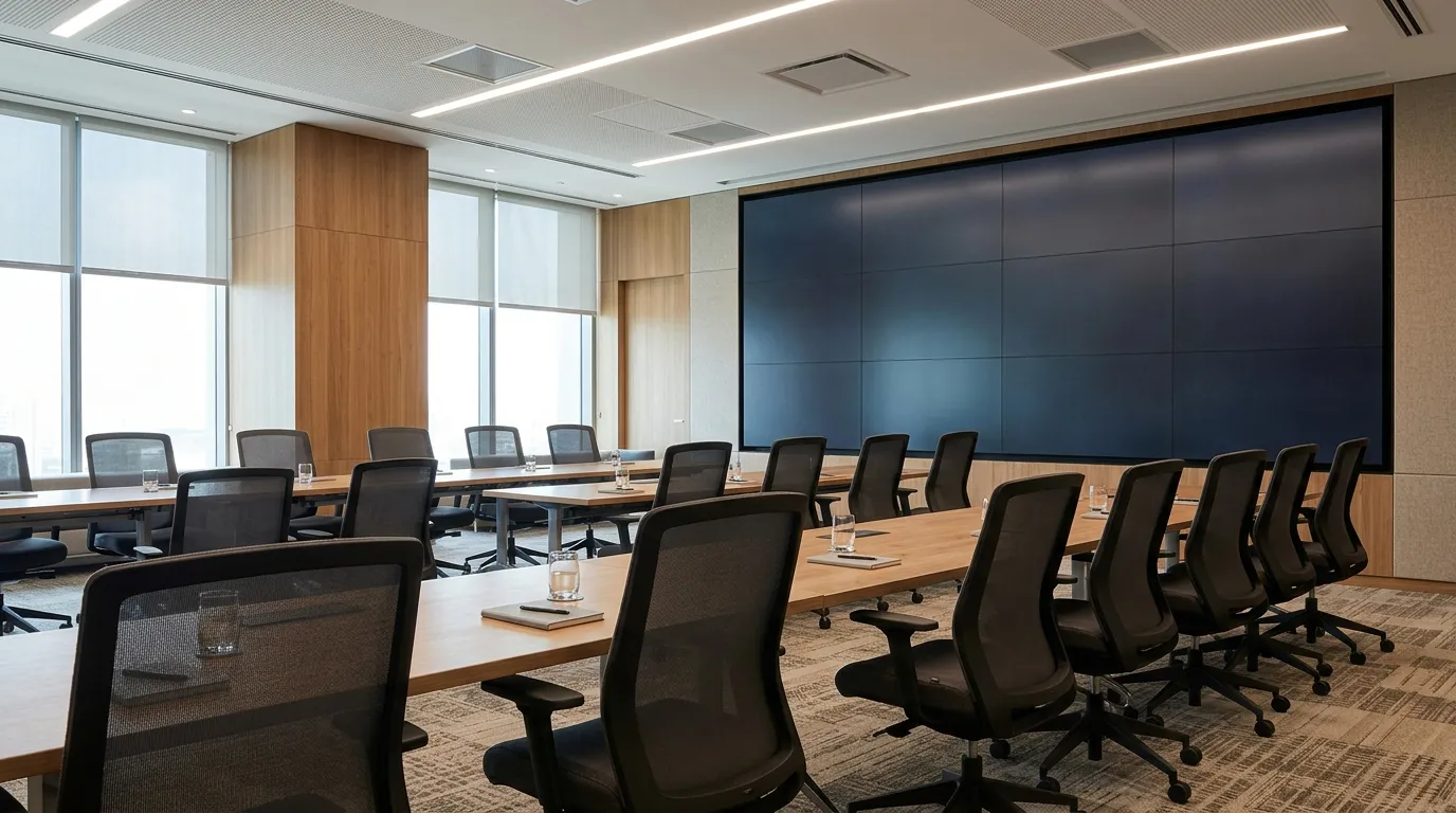 Large indoor LED video wall on the front wall of a conference room seen from the rear seating rows