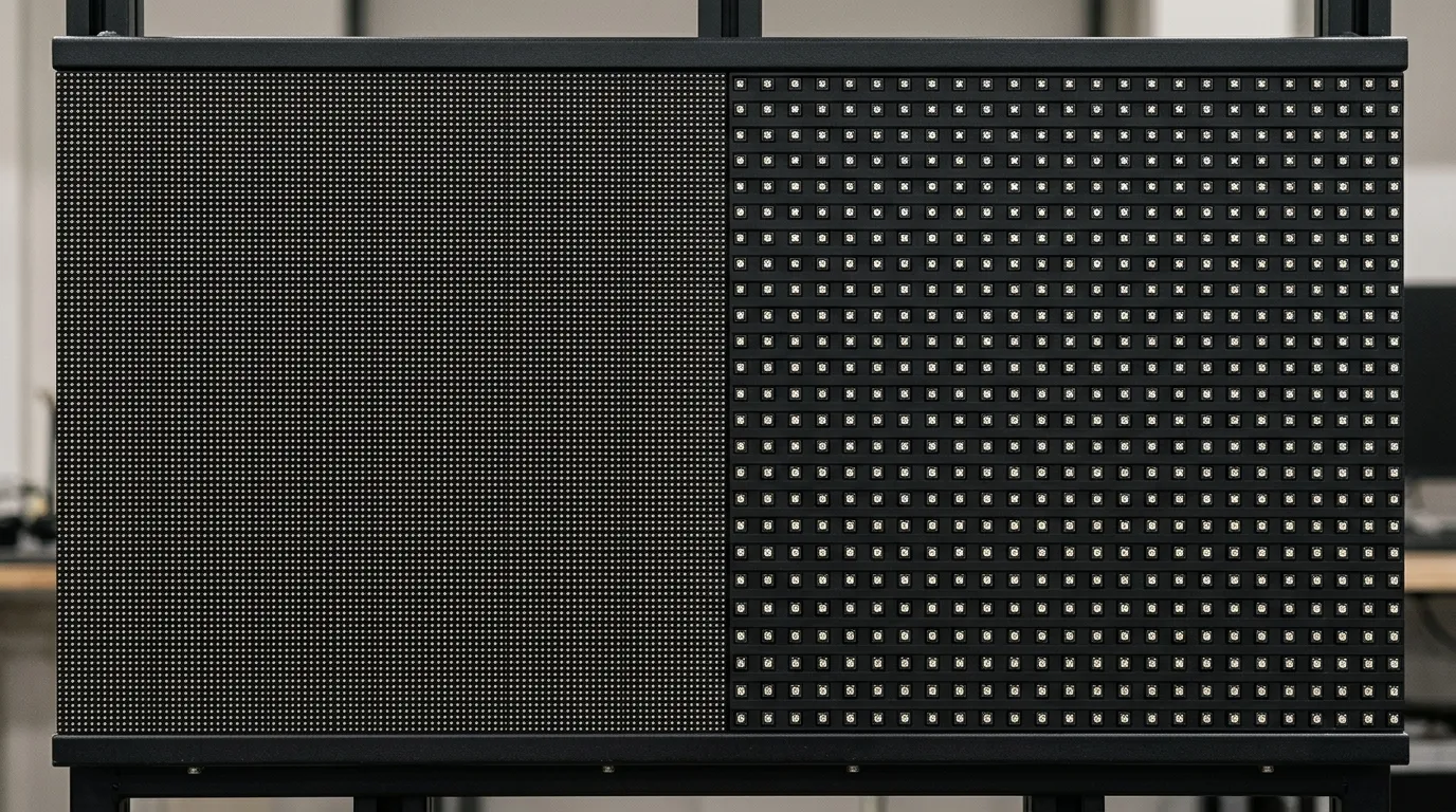 Two same-width indoor LED display panels side by side showing a dense pixel grid beside a coarser pixel grid