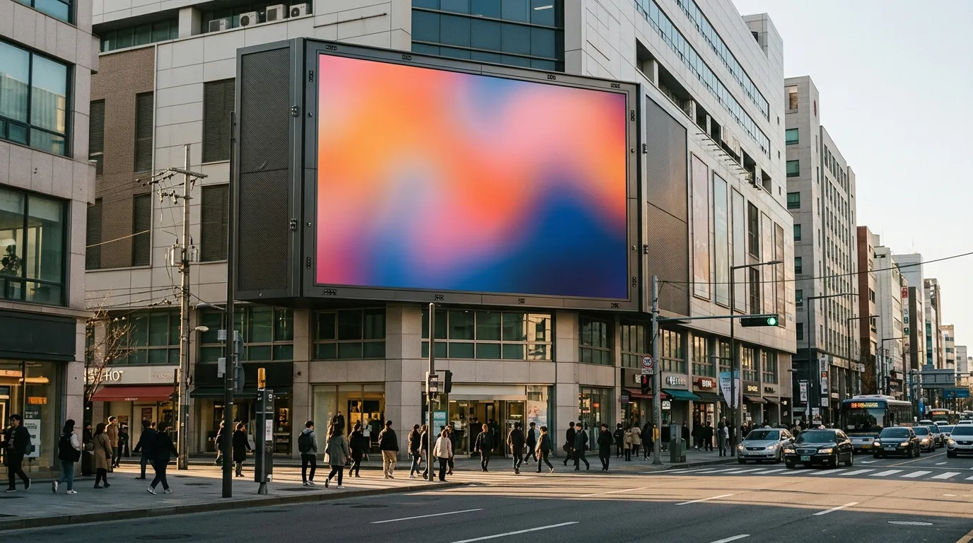 Outdoor LED advertising screen mounted on a building facade above a street with pedestrians