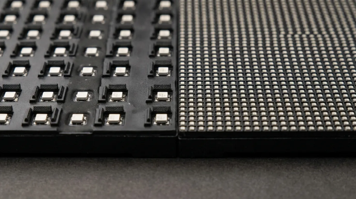 Macro comparison of two LED module surfaces with wider and narrower spacing between LED pixels
