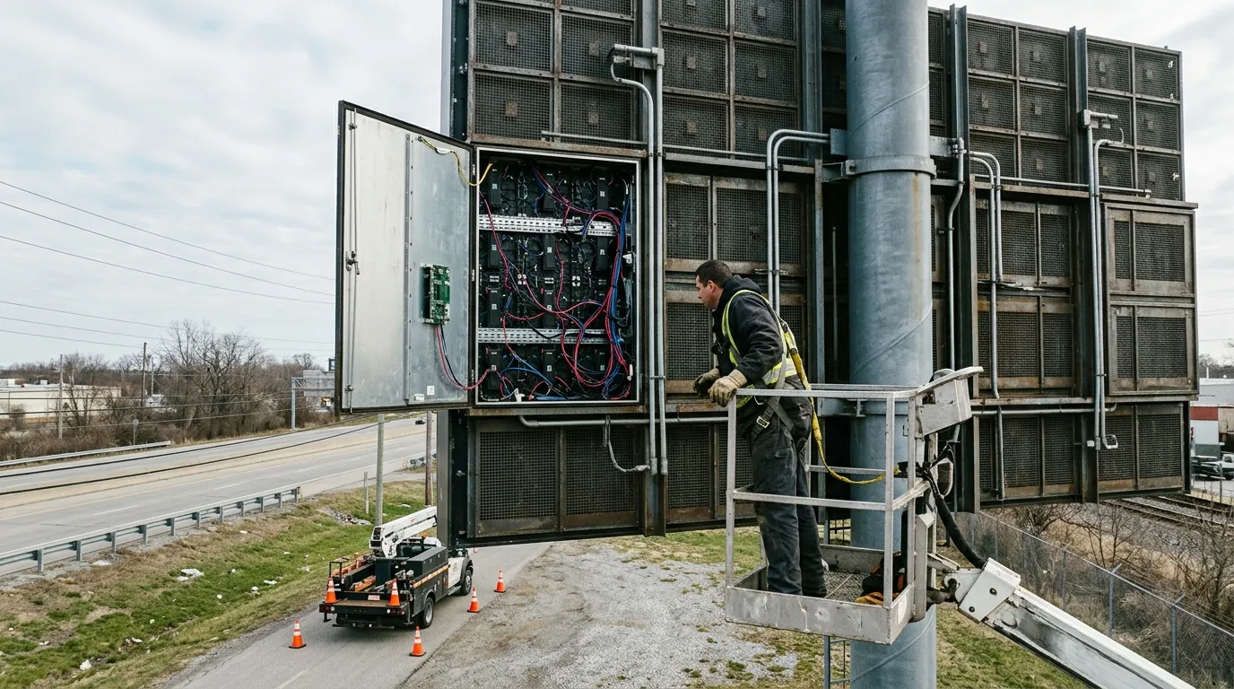 Technician inspecting the open rear panel of a pole-mounted outdoor LED advertising screen from a service platform